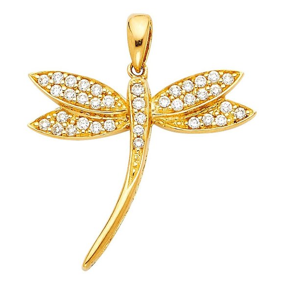 14K Yellow gold CZ Dragonfly Pendant Charm